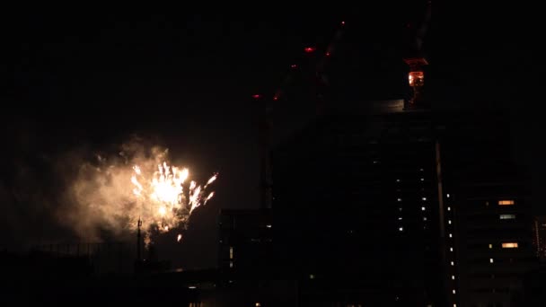 Feux d'artifice près du bâtiment de la ville urbaine de Tokyo la nuit d'été 