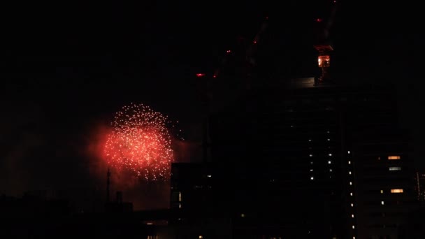 Feux d'artifice près du bâtiment de la ville urbaine de Tokyo la nuit d'été 