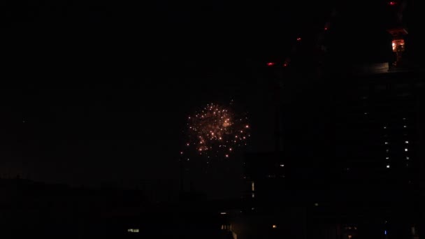 Feux d'artifice près du bâtiment de la ville urbaine de Tokyo la nuit d'été — Video