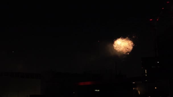 Fogos de artifício perto do edifício na cidade urbana de Tóquio na noite de verão — Vídeo de Stock