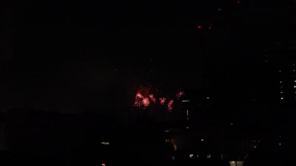 Fuegos artificiales cerca del edificio en la ciudad urbana de Tokio en la noche de verano — Vídeo de stock