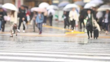 Shinagawa Tokyo 'da yağmurlu bir günde şehir merkezinde yürüyen insanlar.