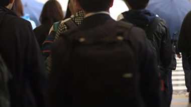 Shinagawa Tokyo 'da yağmurlu bir günde şehir merkezinde yürüyen insanlar.