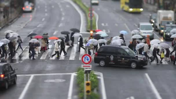 Lopende mensen in de binnenstad straat in Shinagawa Tokio regenachtige dag — Stockvideo