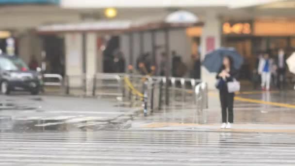 Orang berjalan di jalan pusat kota di Shinagawa Tokyo hari hujan — Stok Video