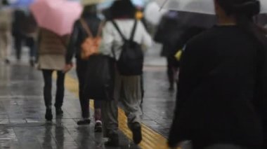 Shinagawa Tokyo 'da yağmurlu bir günde şehir merkezinde yürüyen insanlar.