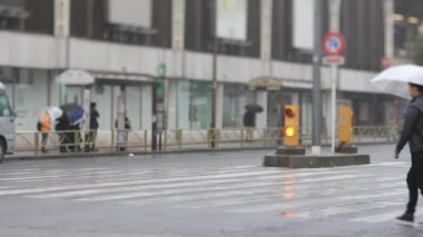 Shinagawa Tokyo 'da yağmurlu bir günde şehir merkezinde yürüyen insanlar.