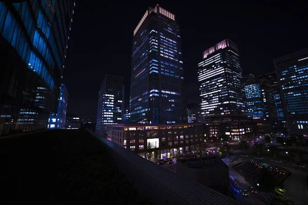 En natt stadsbild på affärsstaden i Tokyo hög vinkel bred skott — Stockfoto