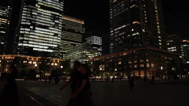 Tokyo 'daki iş kasabasında yürüyen insanların olduğu bir gece manzarası. — Stok video