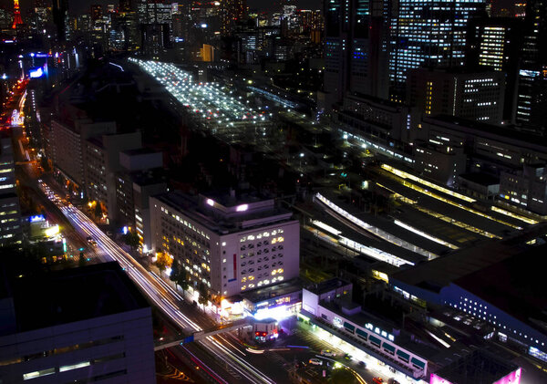 A night panoramic view at the urban city high angle. Shinagawa district Tokyo Japan - 10.21.2019 : It is a center of the city in tokyo.