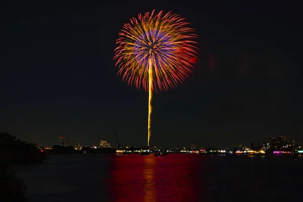 stock image Fireworks near Edogawabashi river in Tokyo wide shot