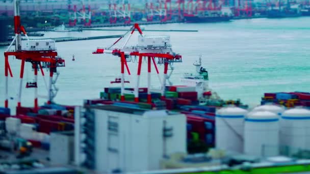 Een tijdspanne van bewegende kranen op de baai gebied in Tokio tiltshift panning — Stockvideo