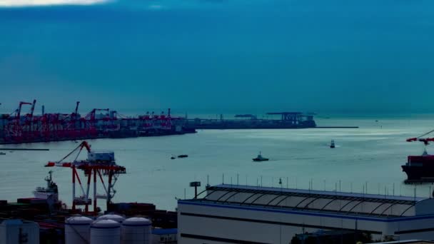 Un timelapse de grúas en movimiento en el área de la bahía en Tokio panorámica de tiro ancho — Vídeos de Stock