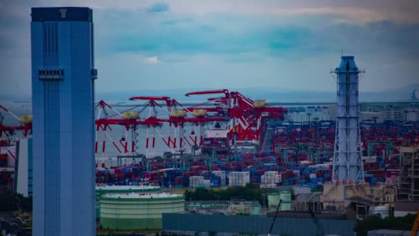 Un timelapse de grúas en movimiento en el área de la bahía en Tokio inclinación de tiro ancho — Vídeos de Stock