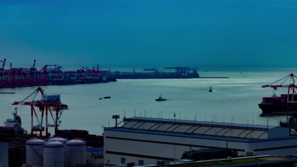 Uma cronologia de guindastes em movimento na área da baía em Tóquio zoom tiro largo — Vídeo de Stock