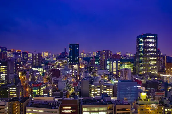 Un paisaje urbano del amanecer en Tokio gran angular plano — Foto de Stock