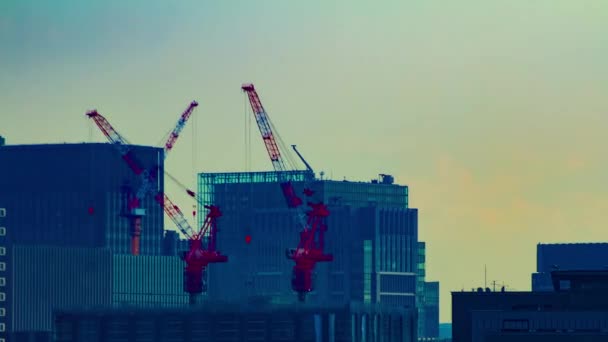 Een tijdspanne van bewegende kranen boven op het gebouw in Tokyo — Stockvideo