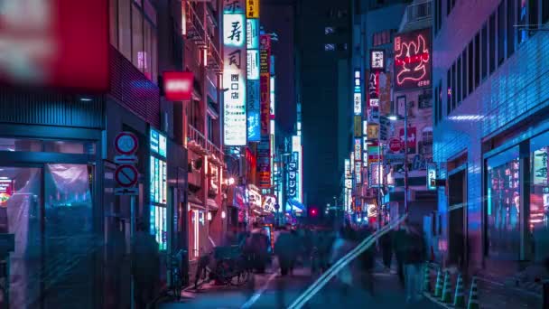 Uma timelapse noite da rua neon no centro da cidade em Shinjuku Tóquio tiro médio panning — Vídeo de Stock