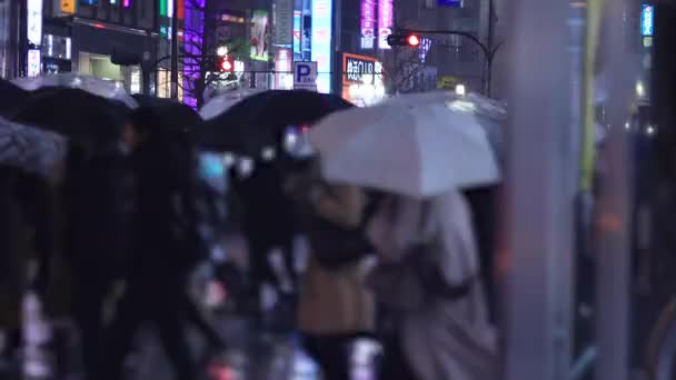 Прогулки людей на переходе в Shinjuku Токио дождливый день ночью — стоковое видео