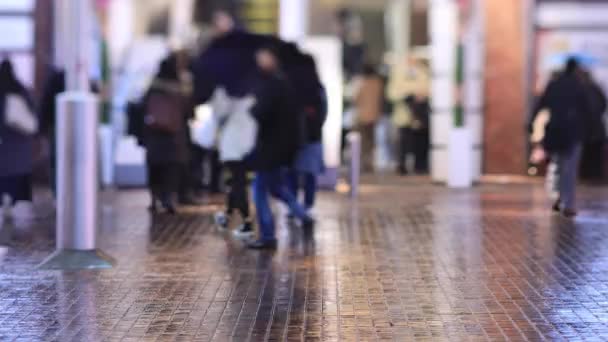 Odprowadzanie ludzi na skrzyżowaniu w Shinjuku Tokio deszczowy dzień w nocy — Wideo stockowe