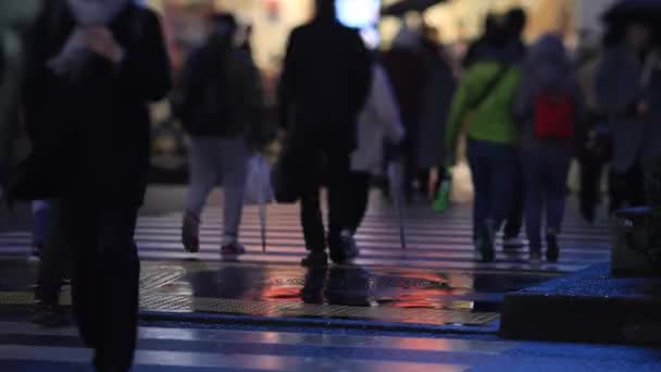 Περπάτημα άνθρωποι στο πέρασμα στο Shinjuku Τόκιο βροχερή μέρα τη νύχτα — Αρχείο Βίντεο