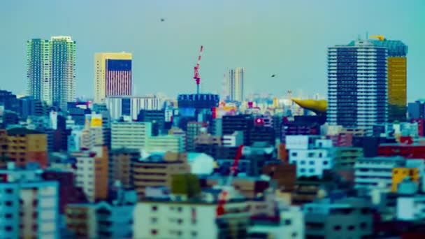 Een tijdspanne van bewegende kranen aan de bovenkant van het gebouw in Tokyo tiltshift panning — Stockvideo