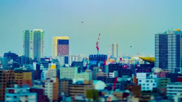 Een tijdspanne van bewegende kranen aan de bovenkant van het gebouw in Tokyo tiltshift zoom — Stockvideo
