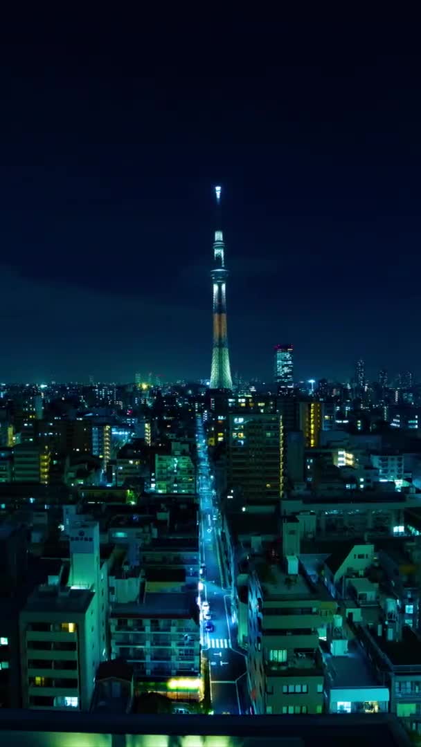A night timelapse of Tokyo sky tree at the urban city in Tokyo vertical shot panning — Stok video