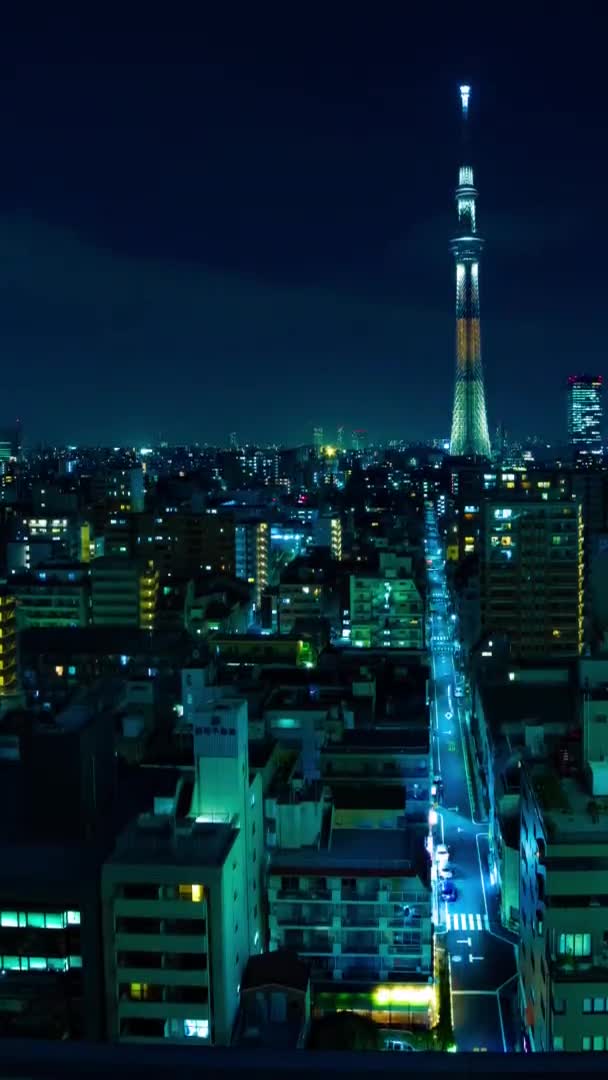 A night timelapse of Tokyo sky tree at the urban city in Tokyo vertical shot tilt — Stok video
