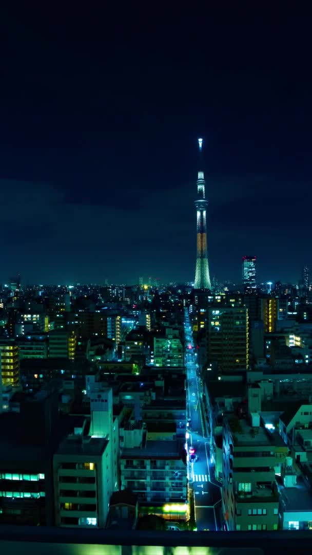 A night timelapse of Tokyo sky tree at the urban city in Tokyo vertical shot panning — Stok video