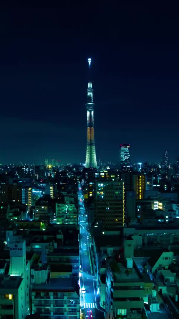 A night timelapse of Tokyo sky tree at the urban city in Tokyo vertical shot zoom — Stok video