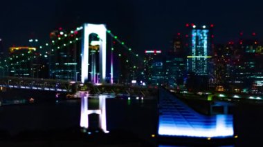 Tokyo kentindeki minyatür beyaz köprünün gece zoom 'u.