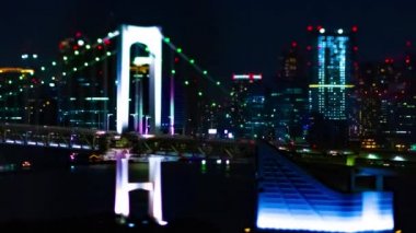 Tokyo kentindeki minyatür beyaz köprünün gece zoom 'u.