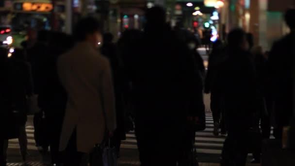 Lopende mensen in de neon stad in Shinbashi Tokio 's nachts lange shot handheld — Stockvideo