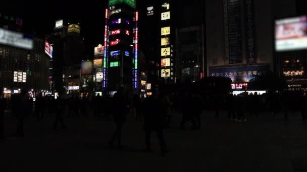 Прогулянки людей у неоновому місті в Сінбаші (Токіо) вночі широко розстріляні. — стокове відео