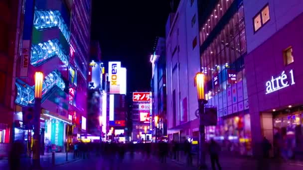 A night timelapse of the neon street at the downtown in Akihabara Tokyo wide shot panning — Stock Video