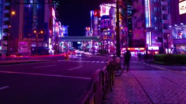 Um timelapse da noite da rua do neon no centro da cidade em Akihabara Tóquio tiro largo panning — Vídeo de Stock