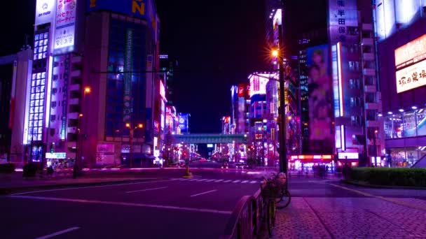 Een avond timelapse van de neon straat bij de benedenstad in Akihabara Tokio wijd shot — Stockvideo