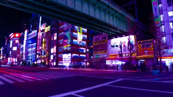 Een avond timelapse van de neon straat bij de benedenstad in Akihabara Tokio wijd shot — Stockvideo