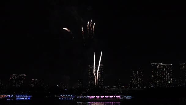 Een avond vuurwerk in de buurt van Rainbow brug bij de stedelijke stad in Tokio breed schot — Stockvideo