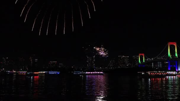 Um fogo de artifício noturno perto da ponte do arco-íris na cidade urbana de Tóquio tiro largo — Vídeo de Stock