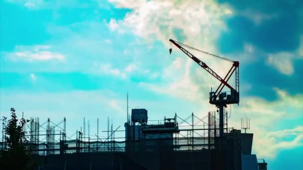 Een tijdspanne van bewegende kranen aan de bovenkant van het gebouw in Tokyo kantelen — Stockvideo