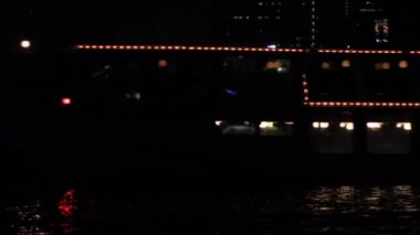 Tokyo 'nun şehir merkezindeki körfez bölgesine gece vakti neon tekne nakliyesi.