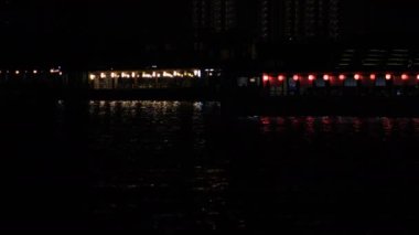 Tokyo 'nun şehir merkezindeki körfez bölgesine gece vakti neon tekne nakliyesi.