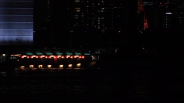 Tokyo 'nun şehir merkezindeki körfez bölgesine gece vakti neon tekne nakliyesi.