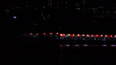 Tokyo 'nun şehir merkezindeki körfez bölgesine gece vakti neon tekne nakliyesi.