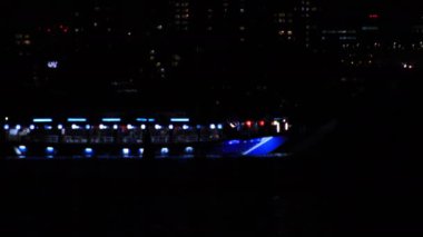 Tokyo 'nun şehir merkezindeki körfez bölgesine gece vakti neon tekne nakliyesi.