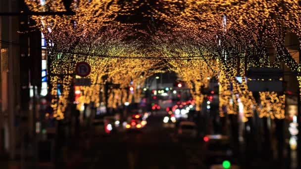 Shibuya Tokyo 'nun şehir merkezinde bir gece minyatür aydınlatma caddesi. — Stok video