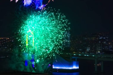 Tokyo 'nun uzak kentindeki Gökkuşağı Köprüsü yakınlarında bir gece havai fişeği gösterisi.