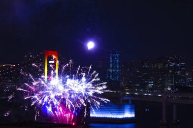 Tokyo 'nun uzak kentindeki Gökkuşağı Köprüsü yakınlarında bir gece havai fişeği gösterisi.